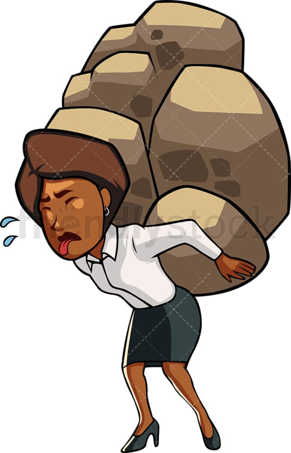 Overwhelmed black woman carrying rocks. PNG - JPG and vector EPS file formats (infinitely scalable). Image isolated on transparent background.