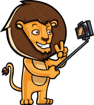 Lion taking photo with selfie stick. PNG - JPG and vector EPS (infinitely scalable).