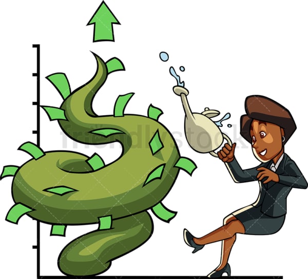 Black businesswoman watering money tree. PNG - JPG and vector EPS file formats (infinitely scalable). Image isolated on transparent background.