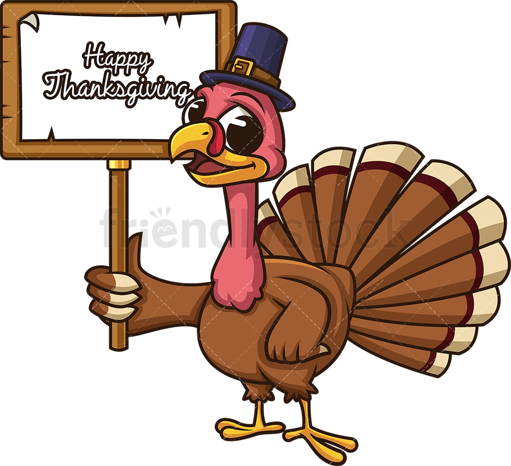 Turkey With Happy Thanksgiving Sign Cartoon Clipart Vector - FriendlyStock