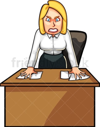Angry businesswoman behind desk. PNG - JPG and vector EPS file formats (infinitely scalable). Image isolated on transparent background.