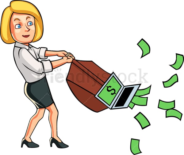 Businesswoman using vacuum cleaner to pull cash. PNG - JPG and vector EPS file formats (infinitely scalable). Image isolated on transparent background.
