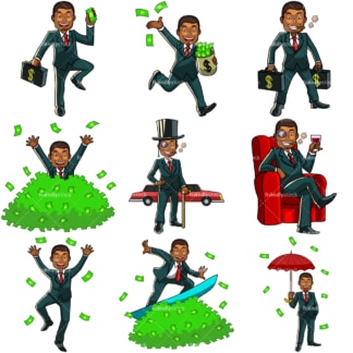 9 immagini vettoriali di denaro di un ricco uomo di colore. PNG - JPG e formati di file EPS vettoriali (infinitamente scalabili). Immagini isolate su sfondo trasparente.