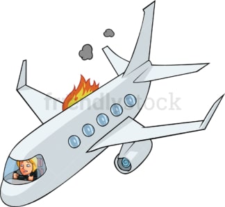 Businesswoman in airplane on fire. PNG - JPG and vector EPS file formats (infinitely scalable). Image isolated on transparent background.