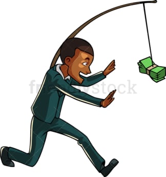 Black businessman chasing cash on stick. PNG - JPG and vector EPS file formats (infinitely scalable). Image isolated on transparent background.