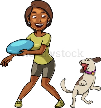 Black woman playing frisbee with dog. PNG - JPG and vector EPS file formats (infinitely scalable). Image isolated on transparent background.