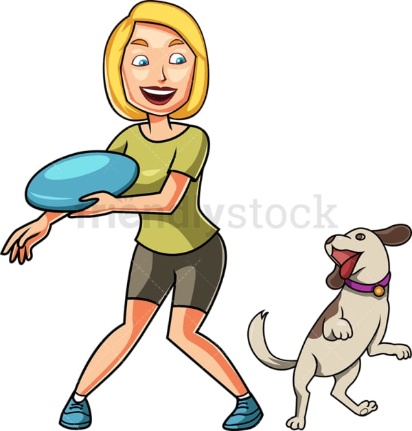 Woman playing frisbee with dog. PNG - JPG and vector EPS file formats (infinitely scalable). Image isolated on transparent background.