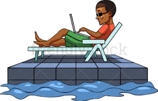 Black guy working with laptop at the pool. PNG - JPG and vector EPS file formats (infinitely scalable). Image isolated on transparent background.