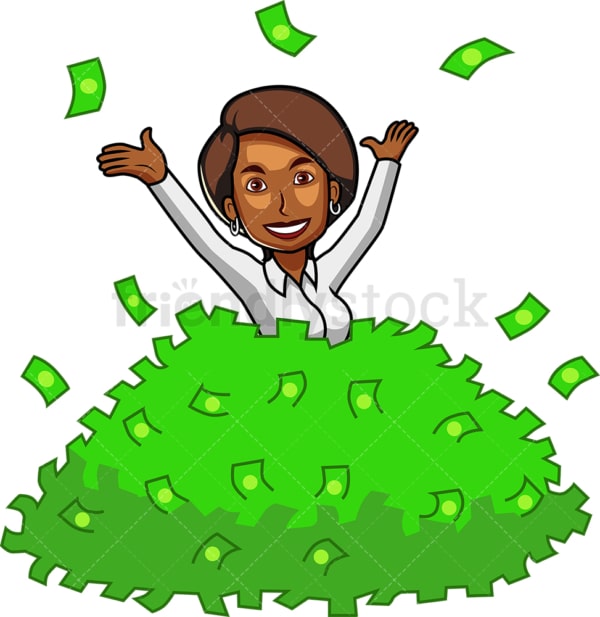 Black woman in pile of money. PNG - JPG and vector EPS file formats (infinitely scalable). Image isolated on transparent background.
