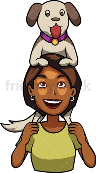 Black woman holding dog on shoulders. PNG - JPG and vector EPS file formats (infinitely scalable). Image isolated on transparent background.