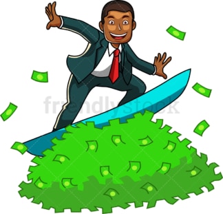 Black man surfing on money. PNG - JPG and vector EPS file formats (infinitely scalable). Image isolated on transparent background.