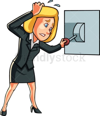 Nervous businesswoman turning off switch. PNG - JPG and vector EPS file formats (infinitely scalable). Image isolated on transparent background.