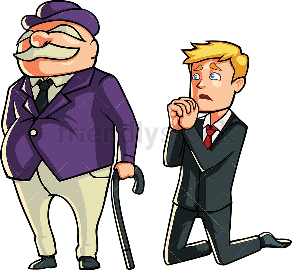 Businessman Begging A Banker Cartoon Vector Clipart - FriendlyStock