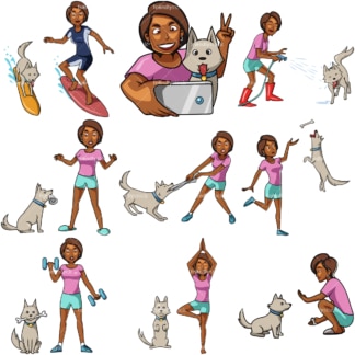 10 vector images of a black female in activities with her dog. PNG - JPG and vector EPS file formats (infinitely scalable). Images isolated on transparent background.
