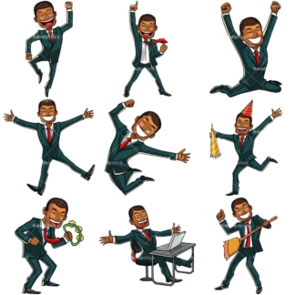 9 illustrations of a black businessman feeling happy. PNG - JPG and vector EPS file formats (infinitely scalable). Images isolated on transparent background.