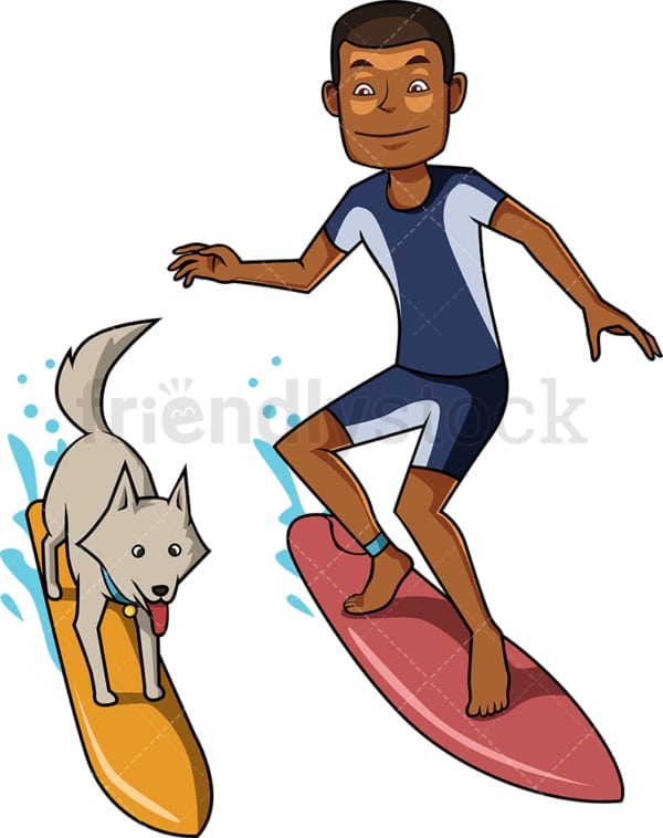 Black man and dog surfing on waves. PNG - JPG and vector EPS file formats (infinitely scalable). Image isolated on transparent background.