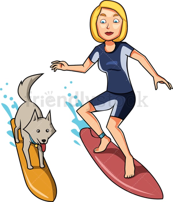 Woman and dog surfing together. PNG - JPG and vector EPS file formats (infinitely scalable). Image isolated on transparent background.