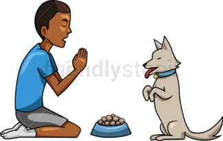 Black man praying with his dog. PNG - JPG and vector EPS file formats (infinitely scalable). Image isolated on transparent background.