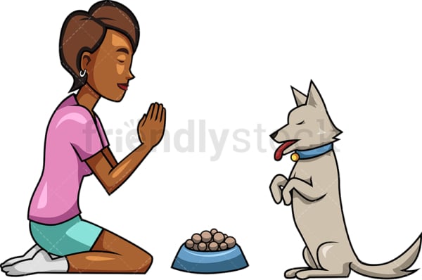 Black woman praying with her dog. PNG - JPG and vector EPS file formats (infinitely scalable). Image isolated on transparent background.