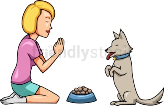 Woman praying with dog before dinner. PNG - JPG and vector EPS file formats (infinitely scalable). Image isolated on transparent background.