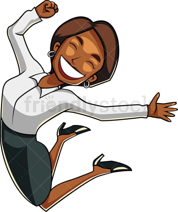 Jubilant black woman mid jump. PNG - JPG and vector EPS file formats (infinitely scalable). Image isolated on transparent background.