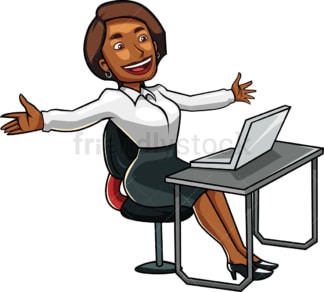 Triumphant black woman at work. PNG - JPG and vector EPS file formats (infinitely scalable). Image isolated on transparent background.