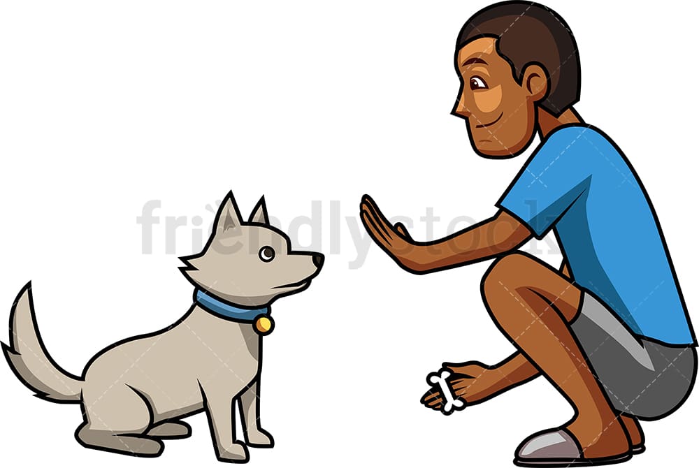 Black man training his dog. PNG - JPG and vector EPS file formats (infinitely scalable). Image isolated on transparent background.