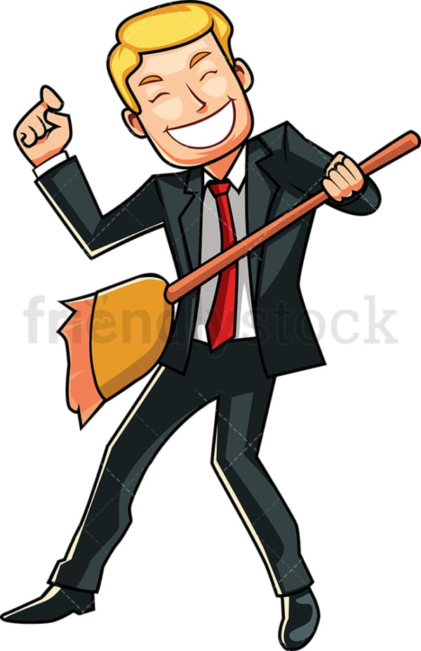 Businessman using broom as a guitar. PNG - JPG and vector EPS file formats (infinitely scalable). Image isolated on transparent background.
