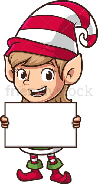 Female santa's elf holding blank sign. PNG - JPG and vector EPS (infinitely scalable).