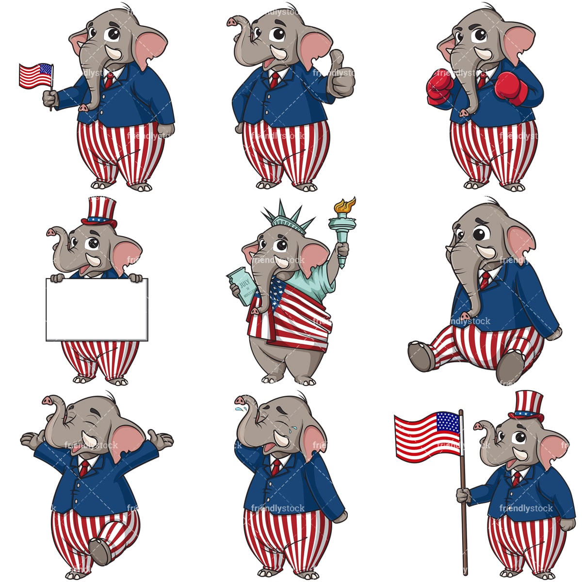 US Republican Party Elephant Cartoon Vector Clipart Set - FriendlyStock
