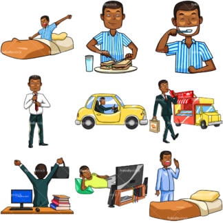 Black man daily routine. PNG - JPG and vector EPS file formats (infinitely scalable). Images isolated on transparent background.