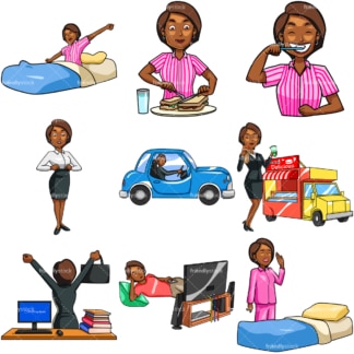Black woman daily routine. PNG - JPG and vector EPS file formats (infinitely scalable). Images isolated on transparent background.