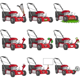 Cartoon lawn mower character. PNG - JPG and infinitely scalable vector EPS - on white or transparent background.