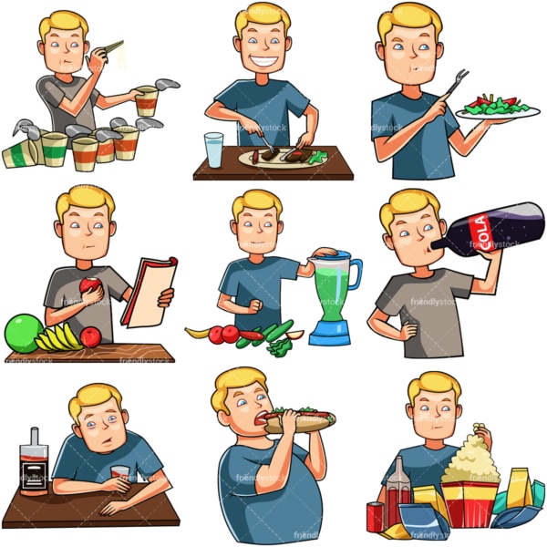 Cartoon man eating & drinking. PNG - JPG and vector EPS file formats (infinitely scalable). Images isolated on transparent background.