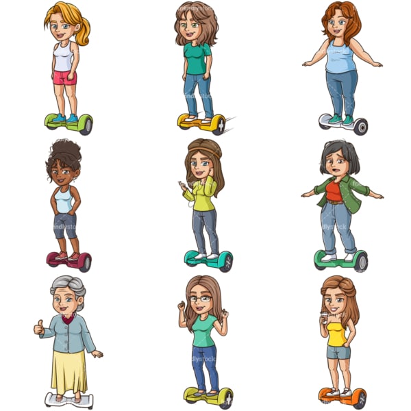 Cartoon women riding hoverboards. PNG - JPG and infinitely scalable vector EPS - on white or transparent background.