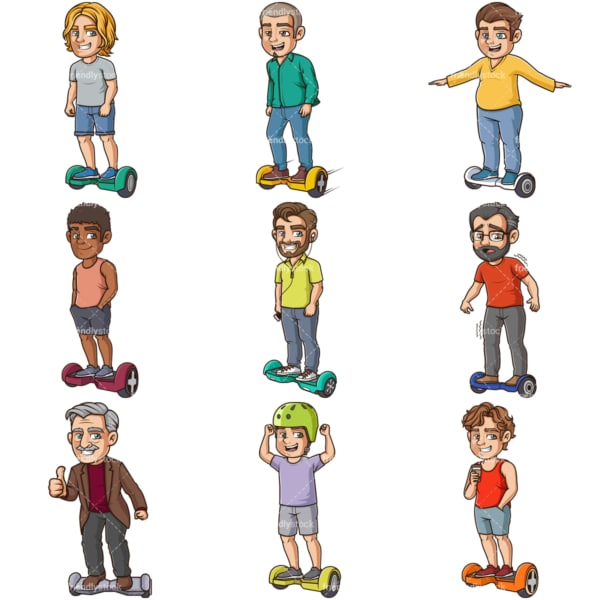 Cartoon men riding hoverboards. PNG - JPG and infinitely scalable vector EPS - on white or transparent background.