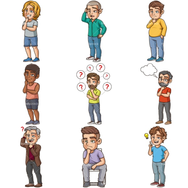 Cartoon men thinking. PNG - JPG and infinitely scalable vector EPS - on white or transparent background.