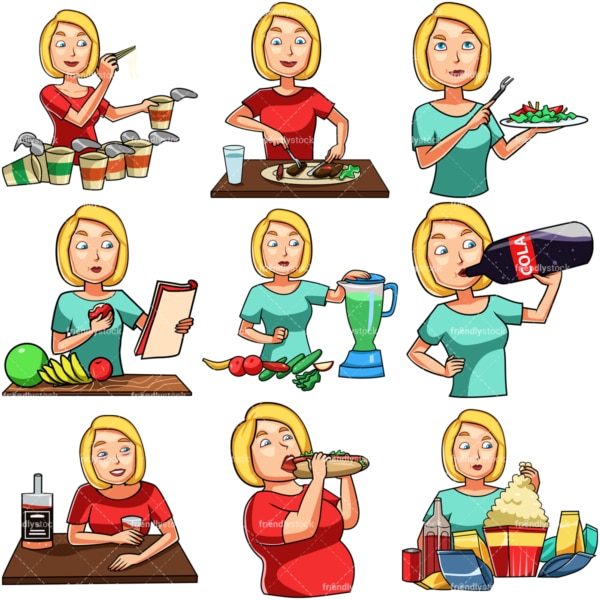 Cartoon woman eating & drinking. PNG - JPG and vector EPS file formats (infinitely scalable). Images isolated on transparent background.