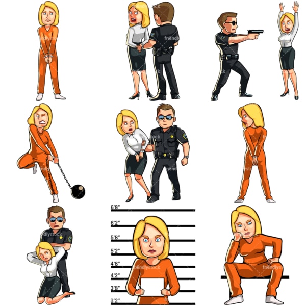 Cartoon woman in legal trouble & under arrest. PNG - JPG and vector EPS file formats (infinitely scalable). Images isolated on transparent background.