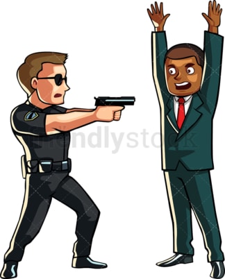 Policeman pointing a gun at suspect. PNG - JPG and vector EPS file formats (infinitely scalable). Image isolated on transparent background.