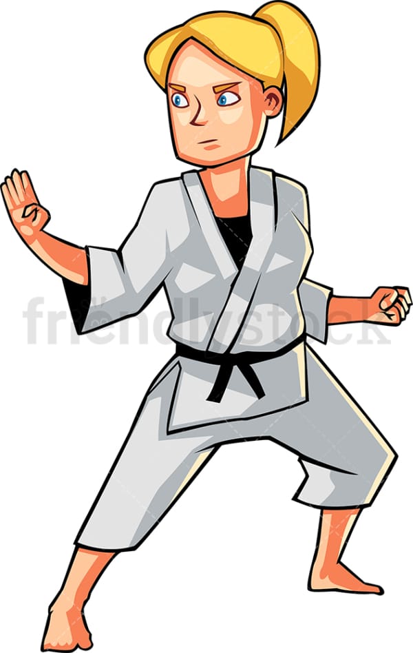 Woman Holding A Classic Karate Pose Cartoon Vector Clipart - FriendlyStock
