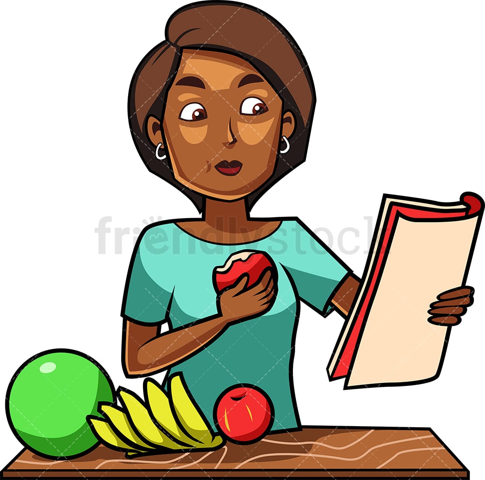 Black Woman Eating Apple While Chilling Cartoon Vector Clipart -  FriendlyStock