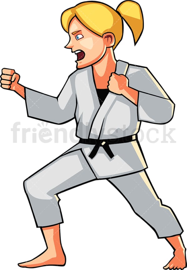 Shouting young woman doing karate. PNG - JPG and vector EPS file formats (infinitely scalable). Image isolated on transparent background.