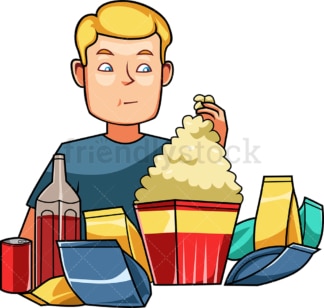 Man surrounded by snacks and sodas. PNG - JPG and vector EPS file formats (infinitely scalable). Image isolated on transparent background.