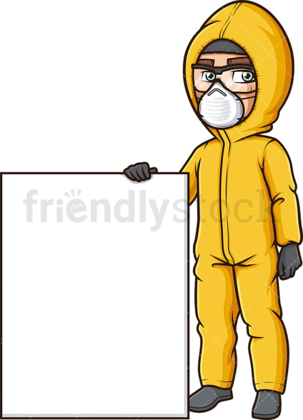 Man in hazmat suit with blank sign. PNG - JPG and vector EPS (infinitely scalable).