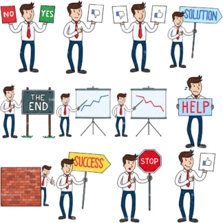 12 vector images of a businessman holding various signs. PNG - JPG and vector EPS file formats (infinitely scalable). Images isolated on transparent background.