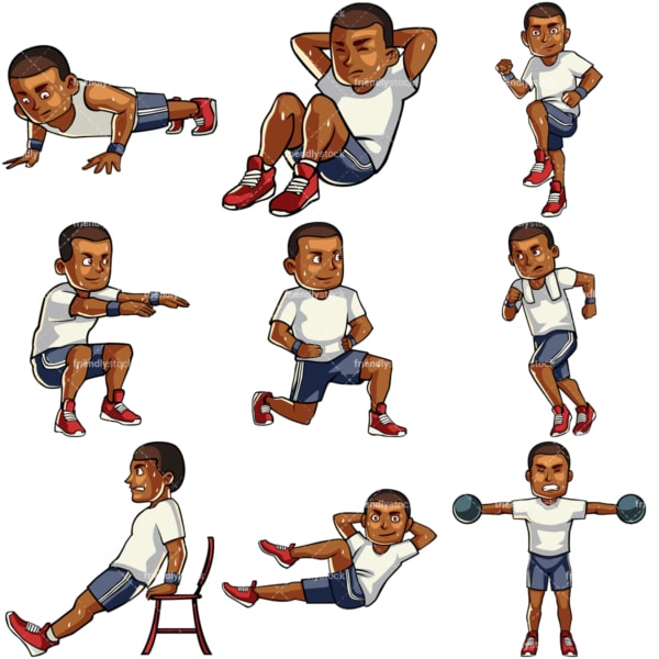 9 vector images of a black male working out. PNG - JPG and vector EPS file formats (infinitely scalable). Images isolated on transparent background.
