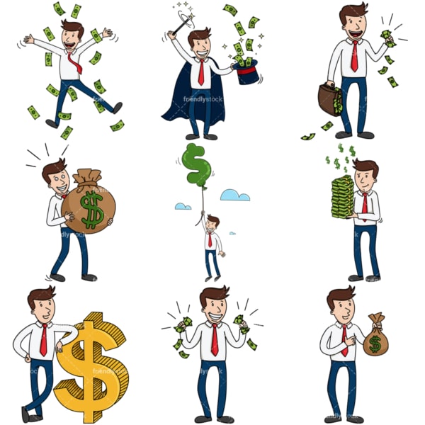 9 vector images of a successful rich businessman. PNG - JPG and infinitely scalable vector EPS - on white or transparent background.