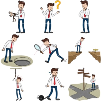 9 vector images of an entrepreneur facing difficult situations. PNG - JPG and infinitely scalable vector EPS - on white or transparent background.
