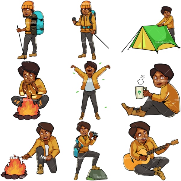 Black female camping and hiking. PNG - JPG and vector EPS file formats (infinitely scalable). Images isolated on transparent background.